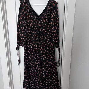 Black Maxi Dress with Pink Floral Print and Ruffle Collar